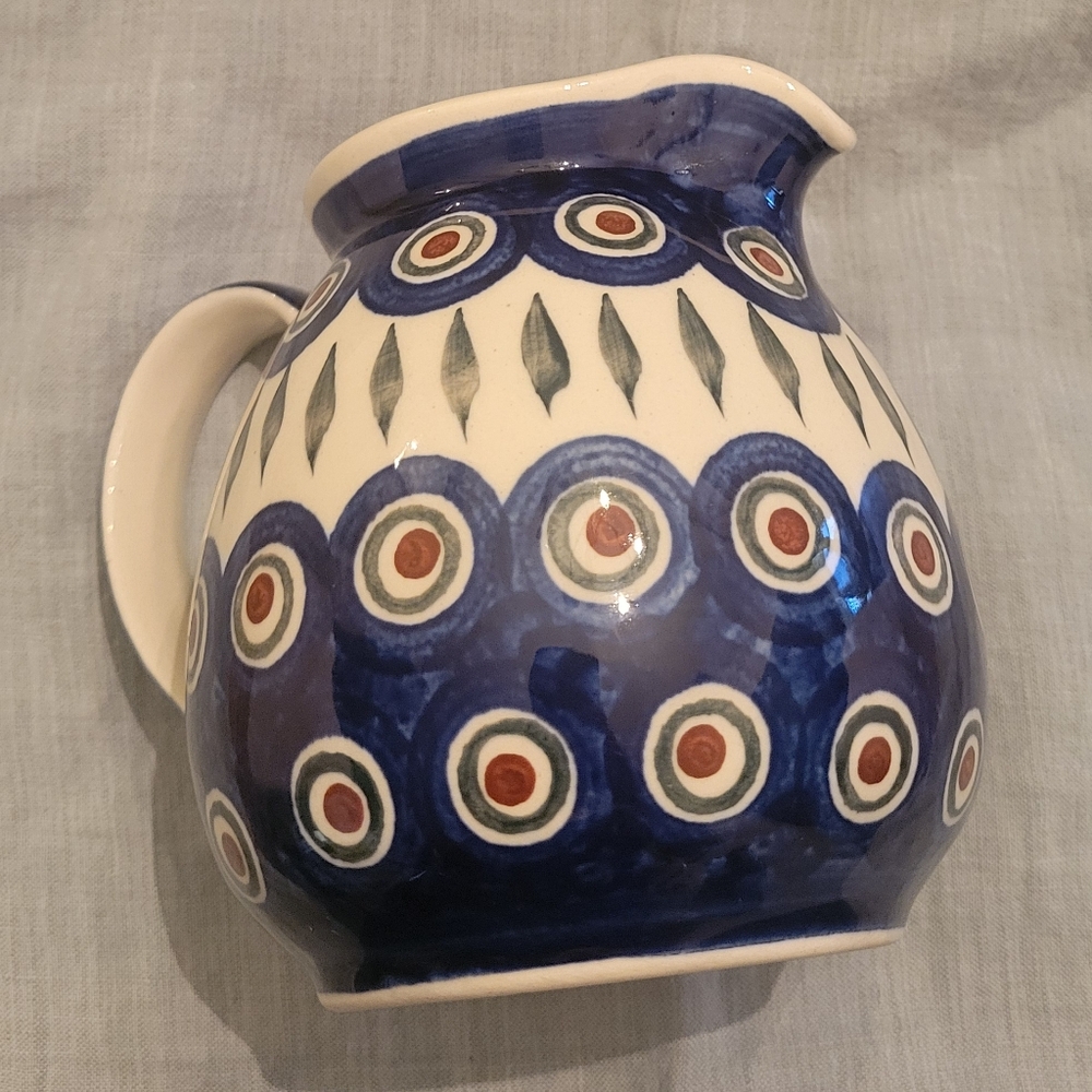 Handmade Polish Pottery 5" Pitcher Large Creamer Peacock